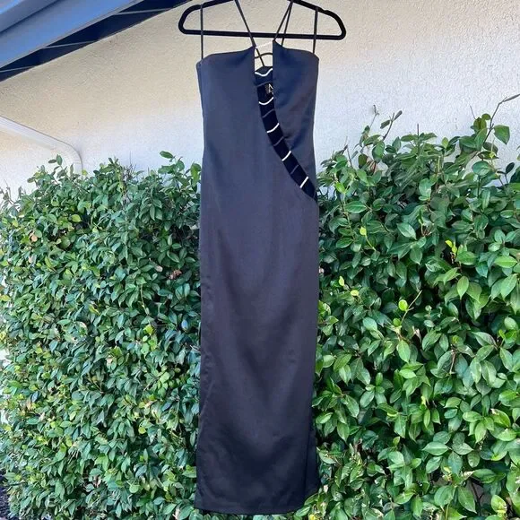 Atria Vintage Cutout Crystals Evening Gown Black Maxi Dress Size Small Excellent - Picture 5 of 8